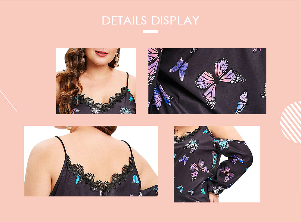 Plus Size Lace Panel Butterfly Print Blouse