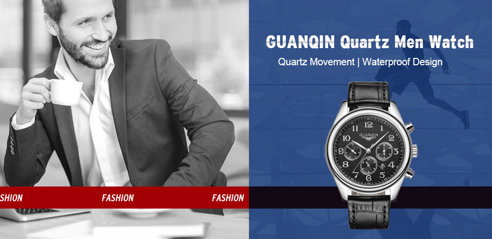 GUANQIN GQ25 Men Waterproof Leather Belt Casual Men Quartz Watch