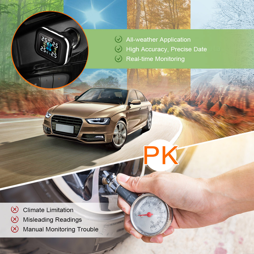 C110 Tire Pressure Monitoring System Cigarette Lighter Plug TPMS 4 External Sensors