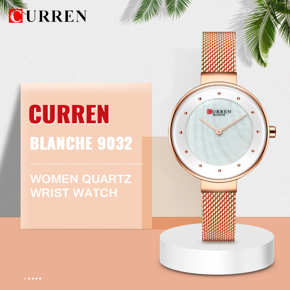 CURREN BLANCHE 9032 Women Quartz Watch Mesh Stainless Steel Band Fashion Wristwatch