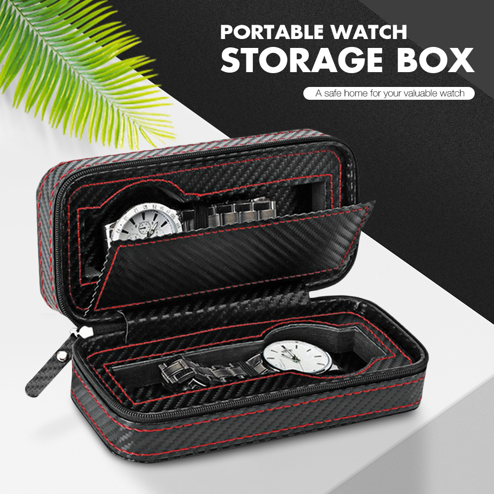 Portable 2 Grids Watch Case Carbon Fiber Leather Storage Box with Zipper