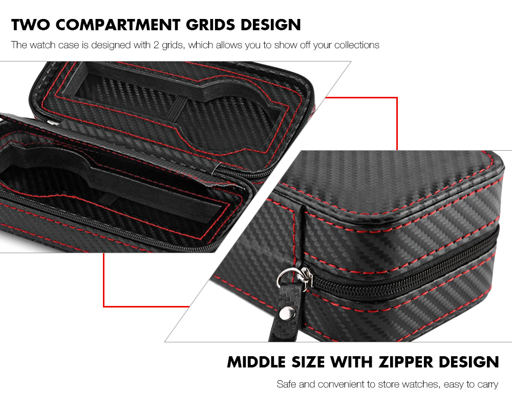 Portable 2 Grids Watch Case Carbon Fiber Leather Storage Box with Zipper