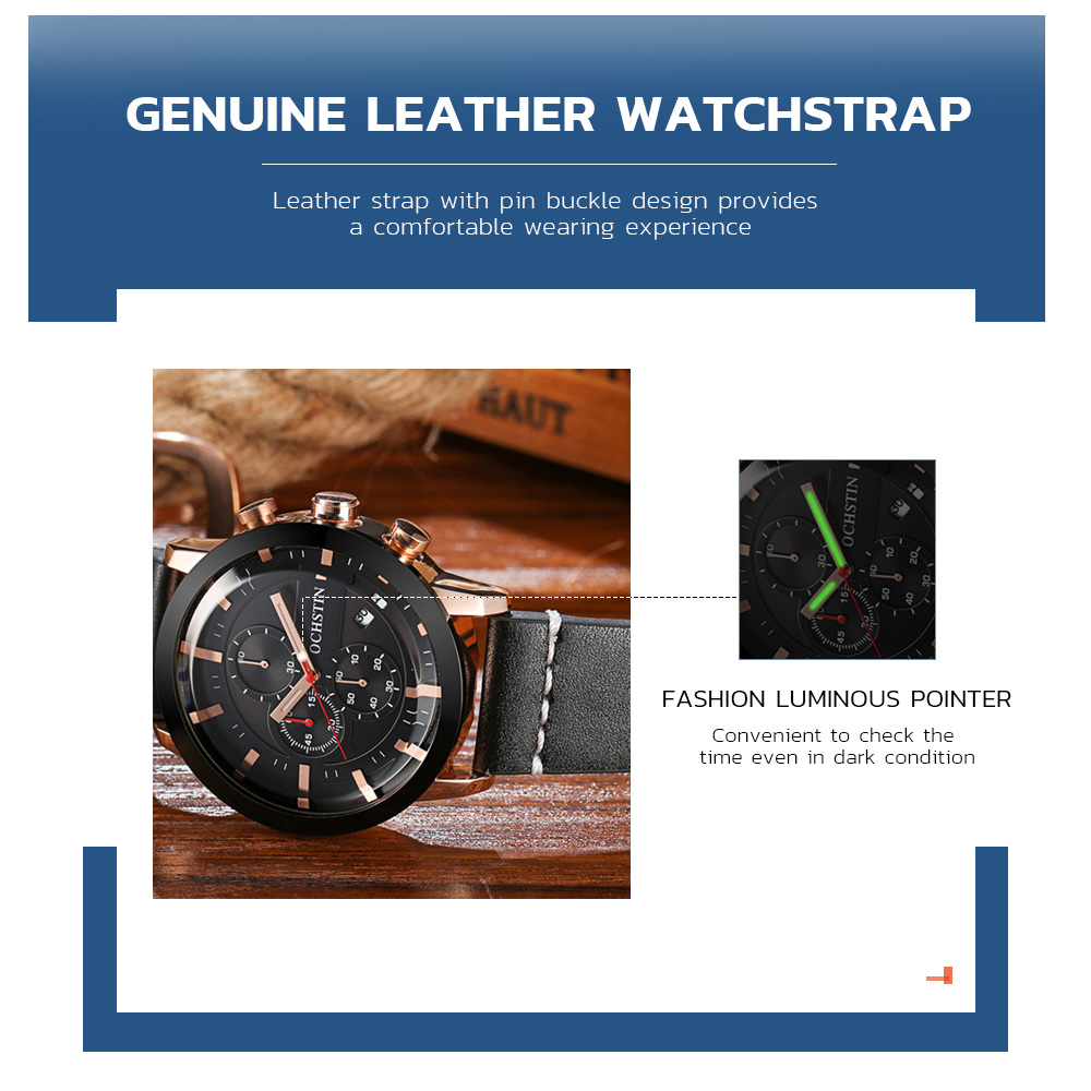 OCHSTIN 6078 Casual Leather Belt Multi-function Fashion Sports Waterproof Quartz Men's Watch