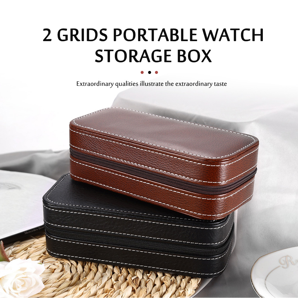 Portable 2 Grids Watch Case PU Leather Storage Box with Zipper