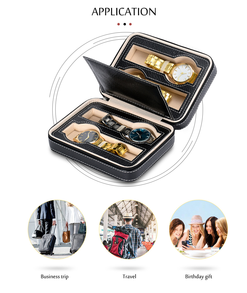 Portable 4 Grids Watch Case Storage Box Fiber Leather with Zipper
